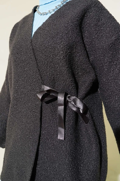 Önü Kurdeleli Buklet Ceket Mint Antrasit - Resim 4