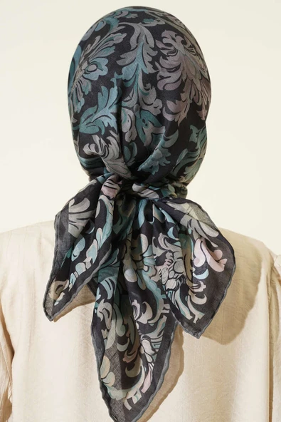 Nostaljik Motifli Eşarp Siyah Yeşil - Resim 3