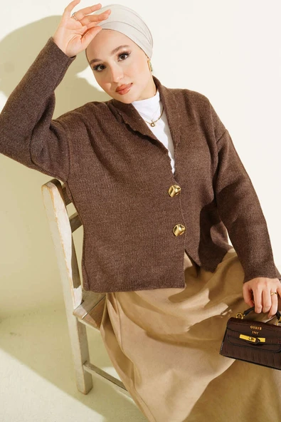 Çift Gold Düğmeli Kısa Triko Hırka Vizon ürün görseli