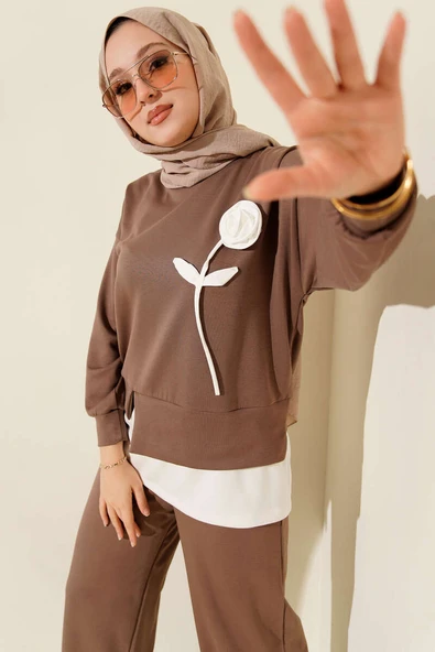 Loyşa Gül Desen İkili Takım Vizon ürün görseli 1