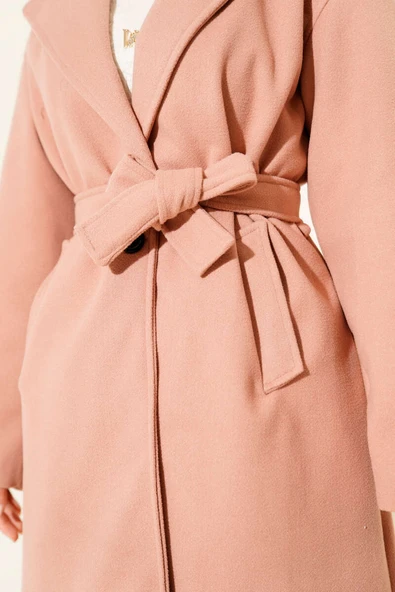Kuşaklı Cepli Kaşe Kaban Pudra - Resim 4