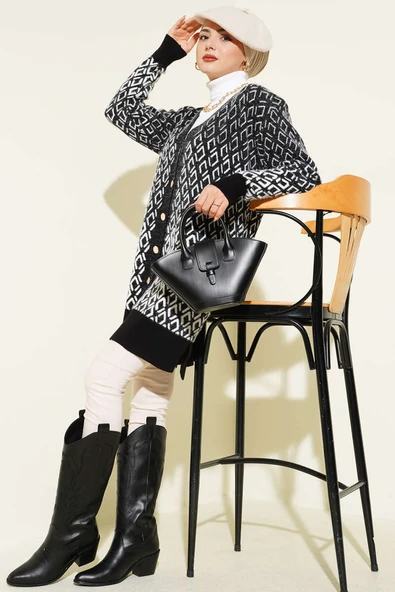 Baklava Desen Sakallı Düğmeli Triko Hırka Siyah - Resim 2