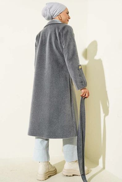 Bilek Apoletli Kuşaklı Tay Tüyü Kaban Füme - Resim 3