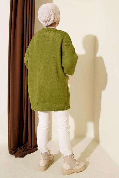 Çift Cepli Düğmeli Triko Hırka Yağ Yeşili - Resim 3