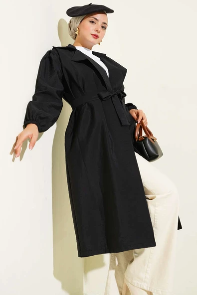 Kruvaze Yaka Balon Kol Kuşaklı Trençkot Siyah - Resim 2
