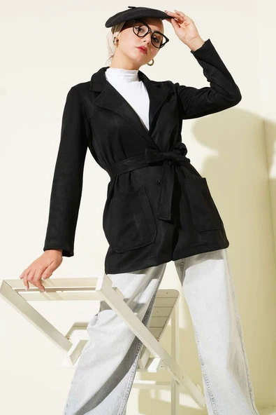 Düğmeli Kuşaklı Süet Ceket Siyah ürün görseli 1