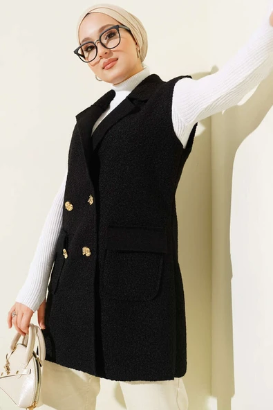 Kruvaze Yaka Düğmeli Detaylı Yelek Siyah ürün görseli 1