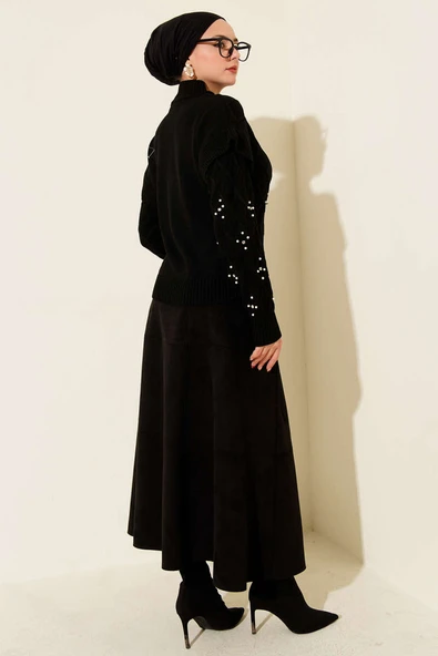 Dik Yaka Taşlı Triko Kazak Siyah - Resim 3