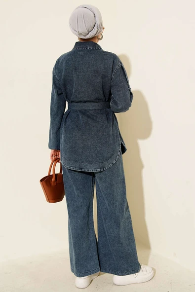 Metal Düğmeli Omuz Apoletli Kot İkili Takım Koyu Mavi - Resim 3