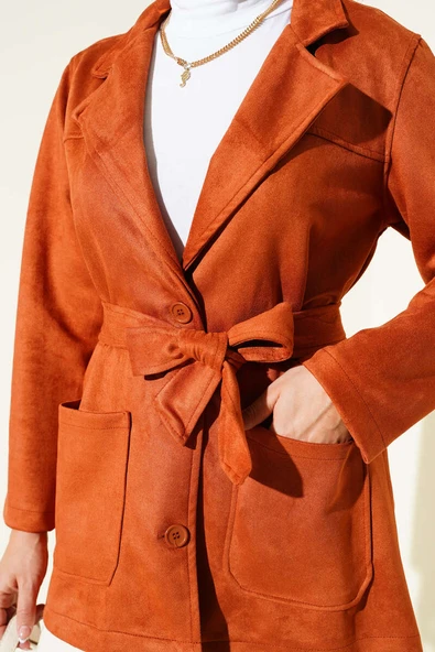 Düğmeli Kuşaklı Süet Ceket Kiremit - Resim 4