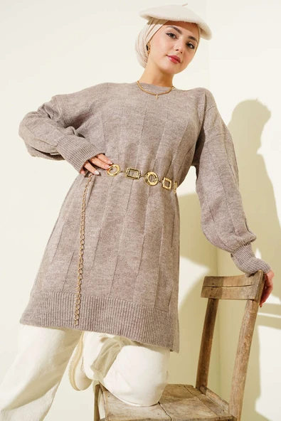 Bisiklet Yaka Yumoş Yan Yırtmaçlı Triko Tunik Vizon ürün görseli