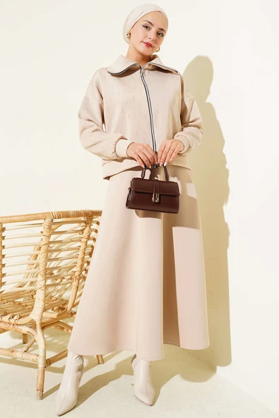 Sıra Taşlı Etekli Scuba İkili Takım Bej - Resim 2