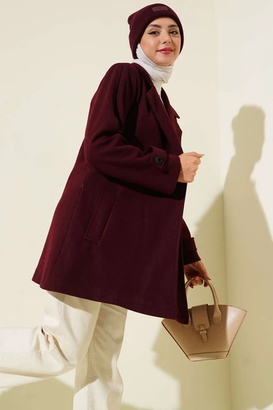 Kruvaze Yaka Kuşak Detaylı Kısa Kaşe Kaban Bordo ürün görseli 1