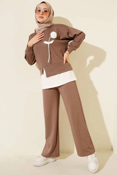 Loyşa Gül Desen İkili Takım Vizon - Resim 2