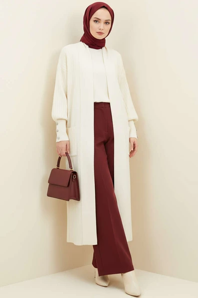 Kol Ucu Düğmeli Şal Yaka Triko Hırka Krem ürün görseli 1