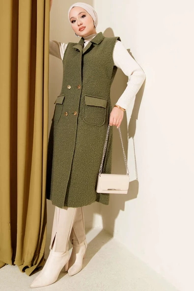 Düğmeli Uzun Buklet Yelek Haki - Resim 2