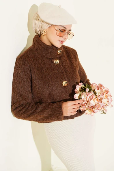 Yarım Balıkçı Yaka Gold Düğmeli Ceket Kahve ürün görseli 1