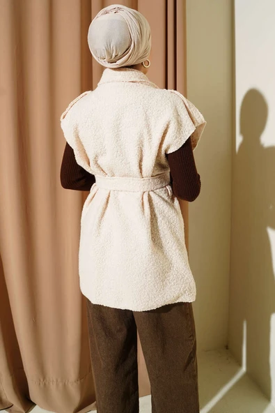 Kruvaze Yaka Kuşaklı Buklet Yelek Bej - Resim 3