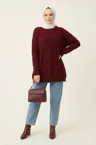 Örme Triko Kazak Bordo - Resim 2