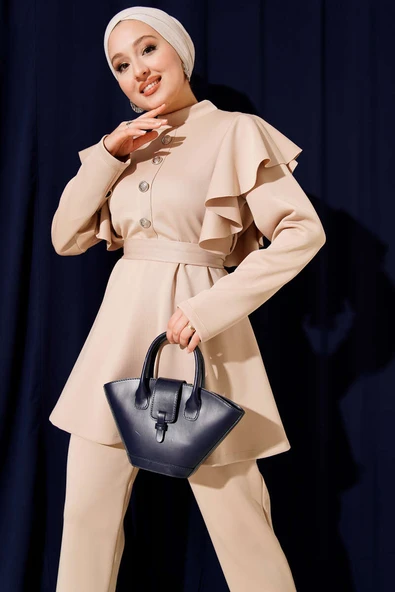 Omuz Fırfırlı Kuşaklı Scuba İkili Takım Bej - Resim 2