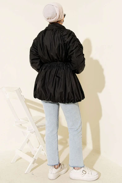 Kol Büzgülü Fermuarlı Trençkot Siyah - Resim 3