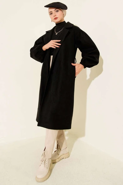 Kruvaze Yaka Balon Kol Kuşaklı Kaban Siyah - Resim 2