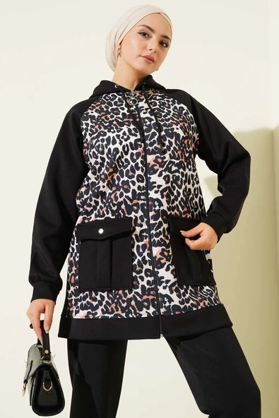 Kapüşonlu Cepli Leoparlı Scuba İkili Takım Siyah - Resim 2