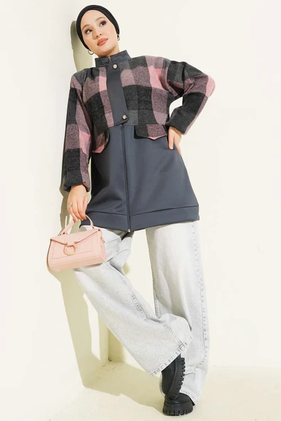 Kaşe Garnili Fermuarlı Hırka Füme - Resim 2