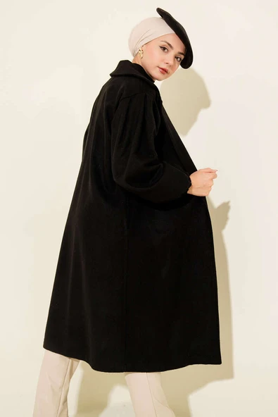 Kruvaze Yaka Balon Kol Kuşaklı Kaban Siyah ürün görseli 1