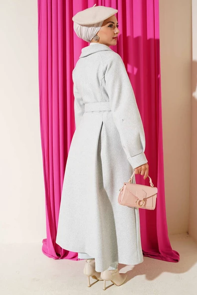 Kemerli Uzun Kaşe Kaban Gri - Resim 3