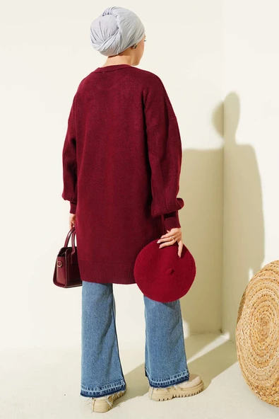 Bisiklet Yaka Yumoş Yan Yırtmaçlı Triko Tunik Bordo - Resim 3