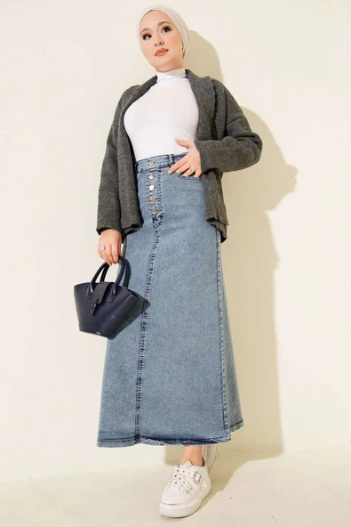 Beş Düğmeli Kot Etek Kot Mavi - Resim 2
