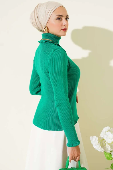Balıkçı Yaka Fırfırlı Triko Kazak Yeşil - Resim 3
