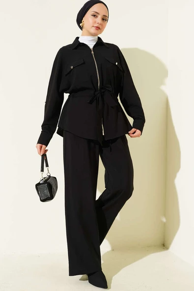 Bel Tünelli Çift Cepli İkili Takım Siyah ürün görseli 1