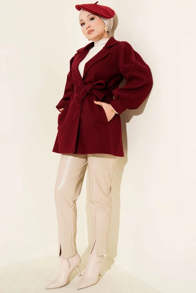 Balon Kol Kuşaklı Kısa Kaban Bordo - Resim 2