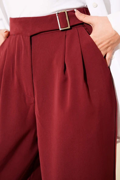 Bel Kemer Tokalı Palazzo Pantolon Bordo - Resim 4