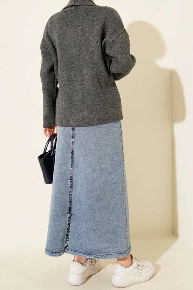 Beş Düğmeli Kot Etek Kot Mavi - Resim 3