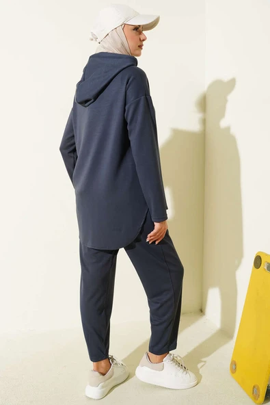 Yaka Çıtçıtlı Kapüşonlu İkili Takım Füme - Resim 3