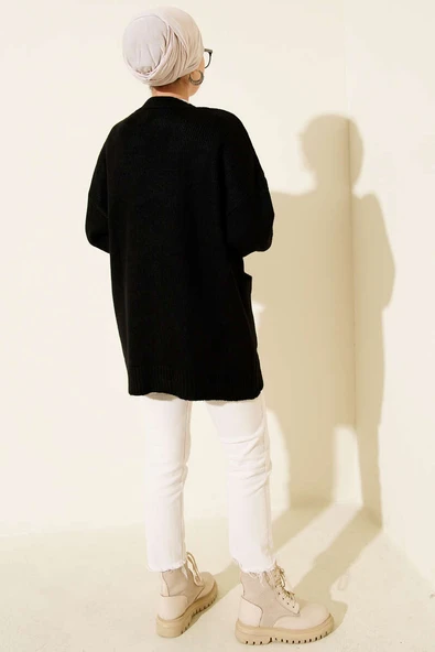 Çift Cepli Düğmeli Triko Hırka Siyah - Resim 3