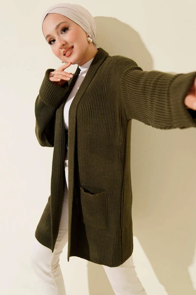 Şal Yaka Pirinç Örgü Triko Hırka Haki ürün görseli