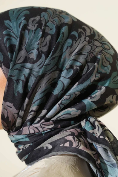 Nostaljik Motifli Eşarp Siyah Yeşil - Resim 4