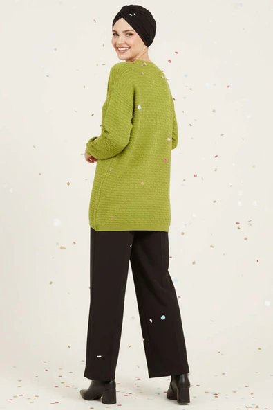 Kabartma Desenli Triko Tunik Yağ Yeşili - Resim 3