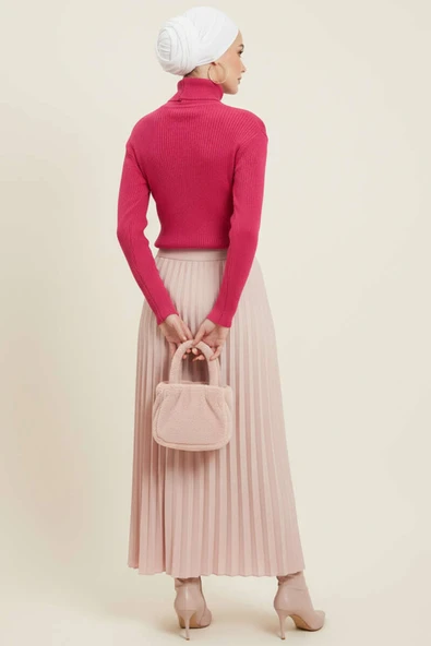 V Puantiye Kabartma Triko Kazak Pembe - Resim 3