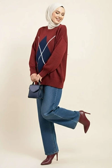 Baklava Desen Triko Kazak Bordo Lacivert - Resim 2