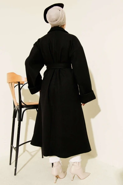 Gold Düğmeli Kruvaze Kaşe Kaban Siyah - Resim 3