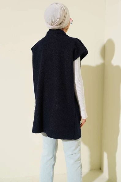 Kruvaze Yaka Kuşaklı Buklet Yelek Lacivert - Resim 3