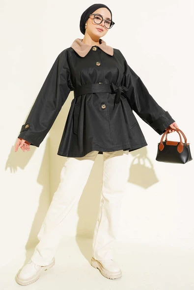 Kadife Yaka Kuşaklı Trençkot Siyah - Resim 2