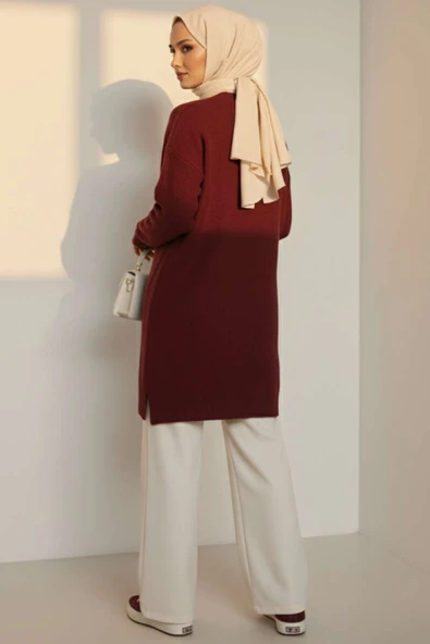 Sarmal Kabartmalı Yumoş Triko Tunik Bordo - Resim 3