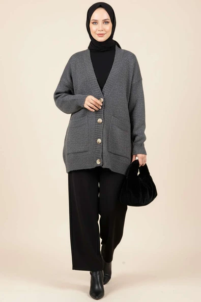 Çift Cepli Düğmeli Triko Hırka Füme - Resim 2