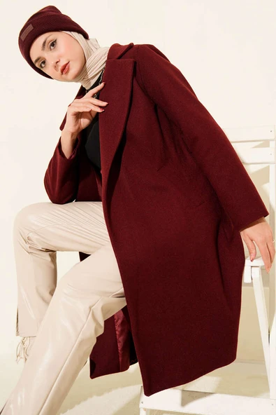 Bel Kuşaklı Astarlı Kaşe Kaban Bordo ürün görseli 1